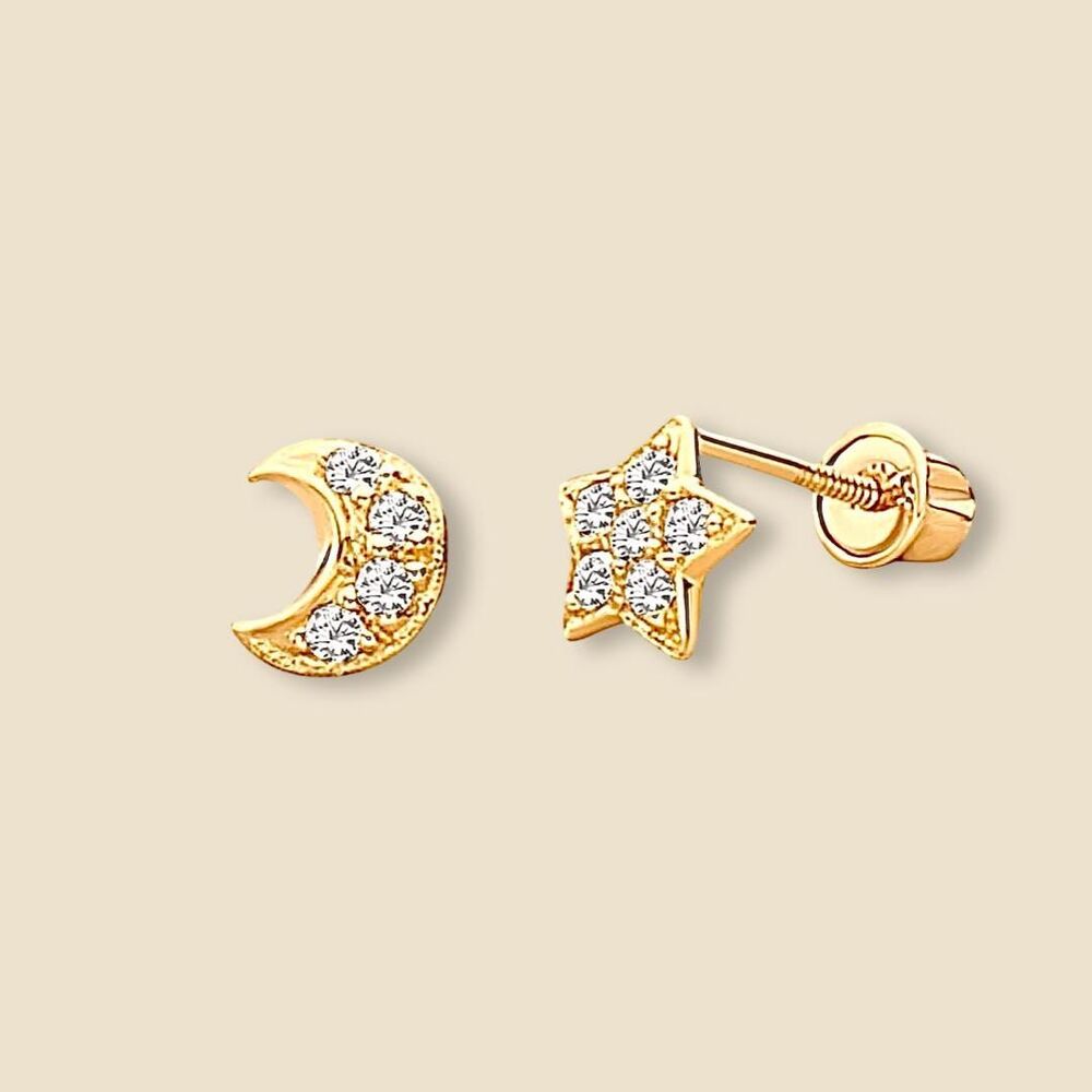 14K Gold Star & Moon CZ Stud Earrings | Celestial Design By Tehrani Jewelry